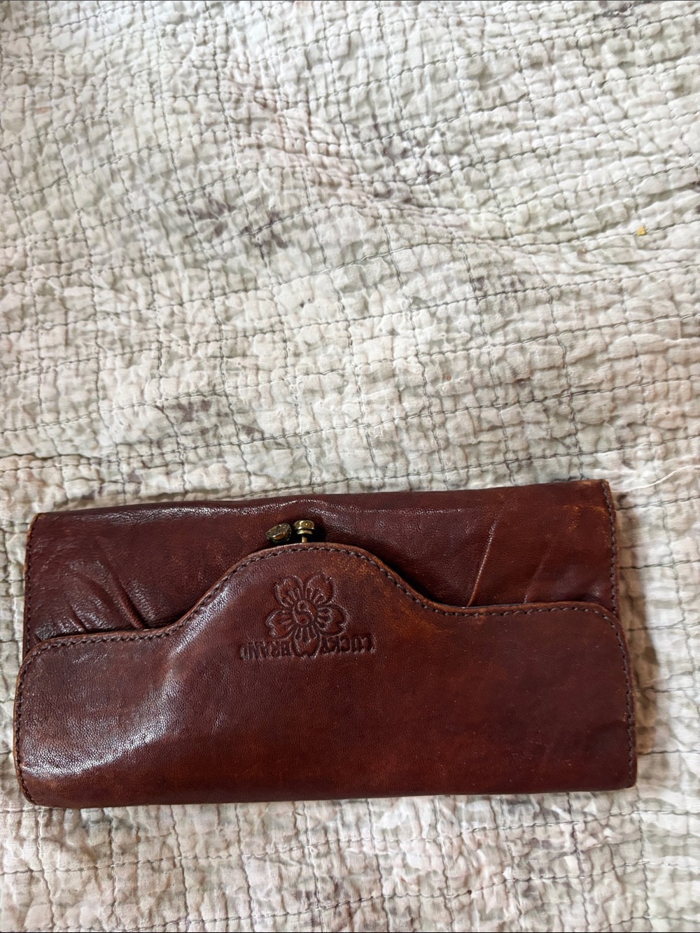 Lucky Brand Brown Leather Floral Fabric Interior Wallet